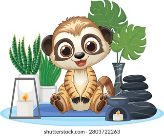 Vector illustration of a smiling meerkat with spa stones, candles, and tropical potted plants.