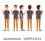 Vector illustration of smiling men in casual clothes pointing with hand and finger to the side. Cartoon realistic people set. Flat young man. Front view man, Side view, Back side view man, Isometric