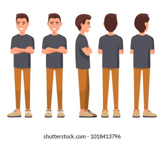 Vector illustration of smiling men in casual clothes with crossed arms. Cartoon realistic people set. Flat young man. Crossed hands. Front view man, Side view man, Back side view man, Isometric view.