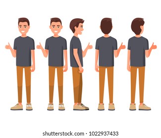 Vector illustration of smiling men in casual clothes show thump up for agreement sign with success business concept. Cartoon realistic people set. Flat young man. Front view. Good hand, good job.