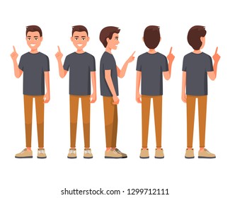 Vector illustration of smiling men in casual clothes pointing with hand and finger to the side. Cartoon realistic people set. Flat young man. Front view man, Side view, Back side view man, Isometric