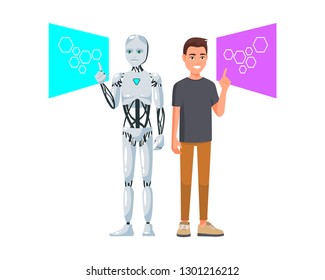 Vector illustration of smiling men in casual clothes with hand ok sign and robot. Cartoon realistic people set. Flat young man. Side view. Human vs robot, RPA, Automation, Multi task - Vector