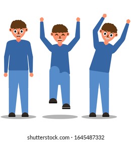 Vector illustration of smiling men in casual clothes under the white background. Cartoon realistic people set. Flat young man. Front view man, Side view man.