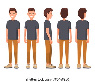 Vector illustration of smiling men in casual clothes under the white background. Cartoon realistic people set. Flat young man. Front view man, Side view man, Back side view man, Isometric view.