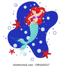 vector illustration of a smiling mermaid with red hair with starfish and bubbles on a blue background