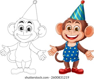 Vector illustration of a smiling monkey wearing a polka dot outfit and party hat, showcasing vibrant colors and playful style