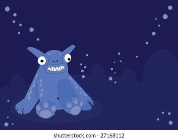 Vector illustration of smiling monster in blue sea environment