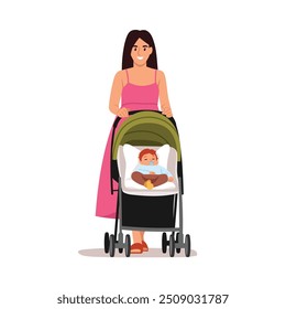 Vector illustration of a smiling mother carrying a baby in a stroller. Cartoon scene of a happy mother carrying a stroller with a little baby sleeping with a pacifier isolated on a white background.