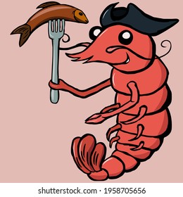 Vector illustration of smiling moustached  pirate shrimp with fried fish on fork