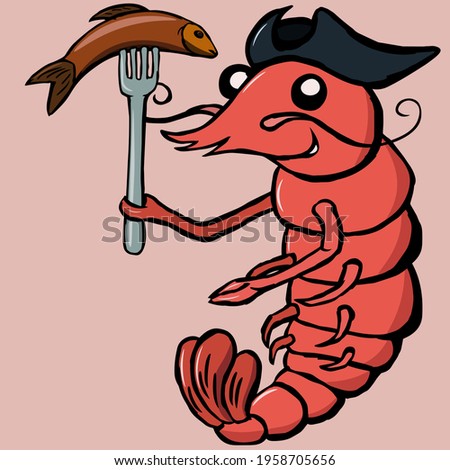 Vector illustration of smiling moustached  pirate shrimp with fried fish on fork