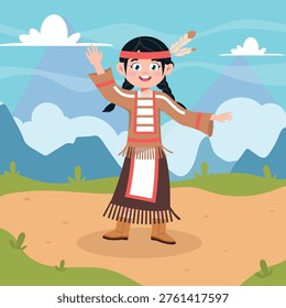 Vector illustration of a smiling native Indian girl. Cartoon scene of a joyful girl standing and waving, dressed in a tribal costume, a headband with feathers, mountains, road, grass, sky with clouds.
