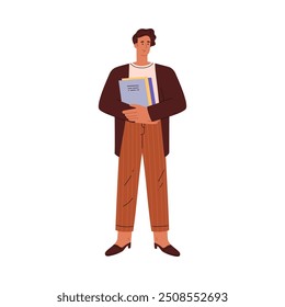 Vector illustration with a smiling office worker holding a folder of documents, which is ideal for representing various professions such as secretary or manager