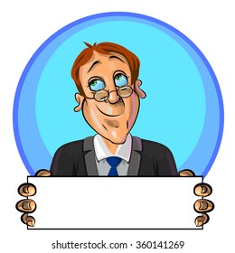 Vector illustration of smiling office worker or businessman holding blank poster in his hands. Can be used as an advertisement.  Made in comic cartoon style.