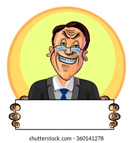 Vector illustration of smiling office worker or businessman holding blank poster in his hands. Can be used as an advertisement.  Made in comic cartoon style.