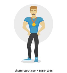 Vector illustration of smiling olympic champion with medal. Flat style.