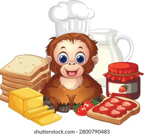 Vector illustration of a smiling orangutan chef surrounded by breakfast food items on white.