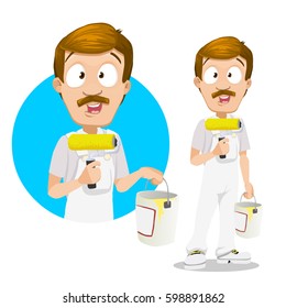 Vector illustration of smiling painter dressed in work clothes and holding brush and bucket of paint