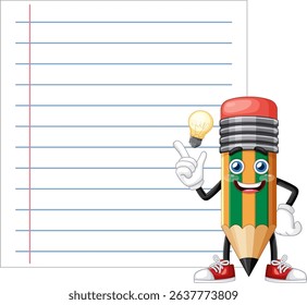Vector illustration of a smiling pencil character with a light bulb idea, standing beside a lined notebook page