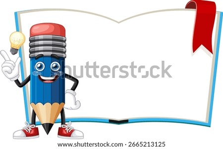 Vector illustration of a smiling pencil character holding a light bulb beside an open book with a red bookmark