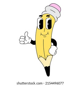 Vector illustration of smiling pencil isolated on white background. Character in traditional cartoon style. Picture for sticker, print, poster, greeting card