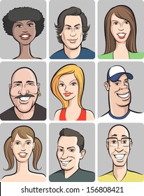 Vector illustration of smiling people faces collection. Easy-edit layered vector EPS10 file scalable to any size without quality loss. High resolution raster JPG file is included.