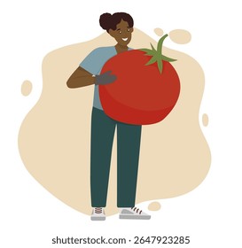 Ilustração vetorial de pessoa sorridente segurando tomate gigante com ambas as mãos. Personagem parecendo satisfeito e satisfeito mostrando conceito lúdico e criativo.
