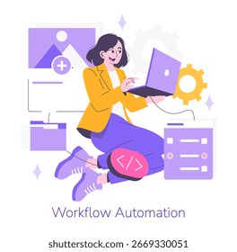 Vector illustration of a smiling person using a laptop surrounded by digital elements representing workflow automation. The image includes gears, folders, and coding symbols.