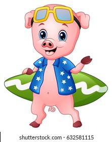 Vector Illustration of Smiling pig cartoon with surfboard