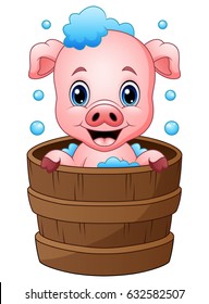 Vector Illustration of Smiling pig cartoon bathing