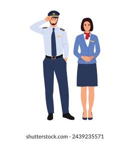 Vector illustration of smiling pilot and stewardess. Cartoon scene of pilot saluting and flight attendants dressed in blue uniform: shirt, tie, pants, skirt, jacket, cap isolated on white background.