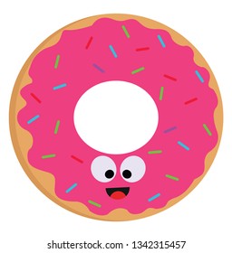 Vector illustration of a smiling pink donut with colorful sprinkles on white background 