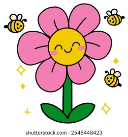 Vector illustration of smiling pink flower with cute bee cartoon, white background for decoration background and sticker.