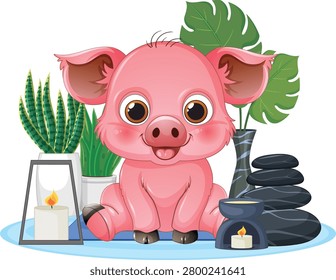 Vector illustration of a smiling pink piglet sitting among spa stones, candles, and plants.