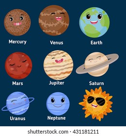 Vector illustration of smiling planets and sun. Cartoon planet character.