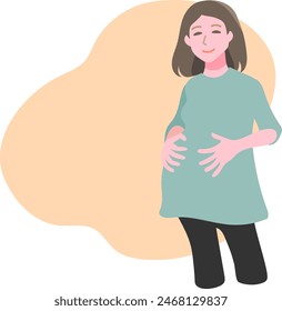 Vector illustration of a smiling pregnant woman in her final month holding her hand on her swollen belly