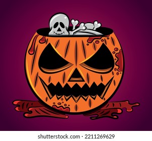 ilustración vectorial de la calabaza sonriente, para halloween, que transporta huesos y con sangre