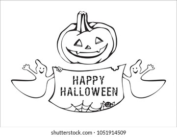 vector illustration of the smiling pumpkin and two spirits holding a poster happy halloween.