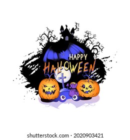 Vector Illustration with smiling Pumpkins, bats, full moon and lettering Happy Halloween on a white background. Cartoon style.