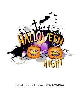 Vector Illustration with smiling Pumpkins, bats and lettering Halloween Night on a white background. Cartoon style.