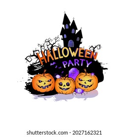 Vector Illustration with smiling Pumpkins, bats and lettering Halloween Party on a white background. Cartoon style.