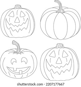 Vector illustration with smiling pumpkins and pumpkin. Coloring page with Halloween characters.