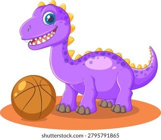 Vector illustration of a smiling purple dinosaur with a basketball on an orange surface.