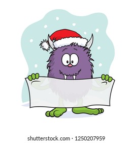Vector illustration of smiling purple monster in Christmas hat holding blank sign