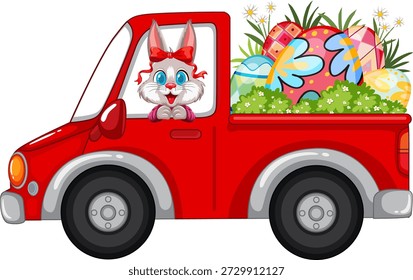 Vector illustration of a smiling rabbit driving a truck loaded with colorful decorated Easter eggs