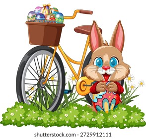 Ilustração vetorial de um coelho sorridente segurando um ovo ao lado de uma bicicleta no fundo branco