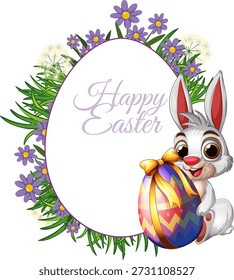 Vector illustration of a smiling rabbit holding a colorful egg beside a floral frame