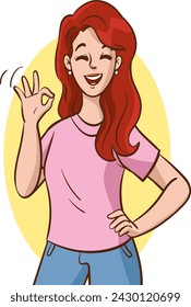 vector illustration of a Smiling Red Haired Woman Showing OK Sign