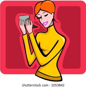 A vector illustration of a smiling red-haired fashionable girl.