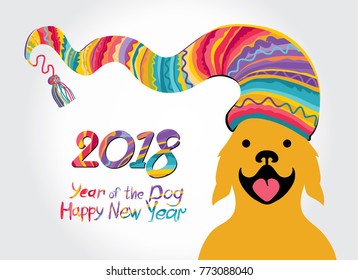 Vector illustration smiling retriever in a multicolored knitted hat. Vector template for the new 2018 year.