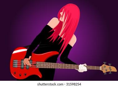 Vector illustration of smiling rock girl with red bass guitar